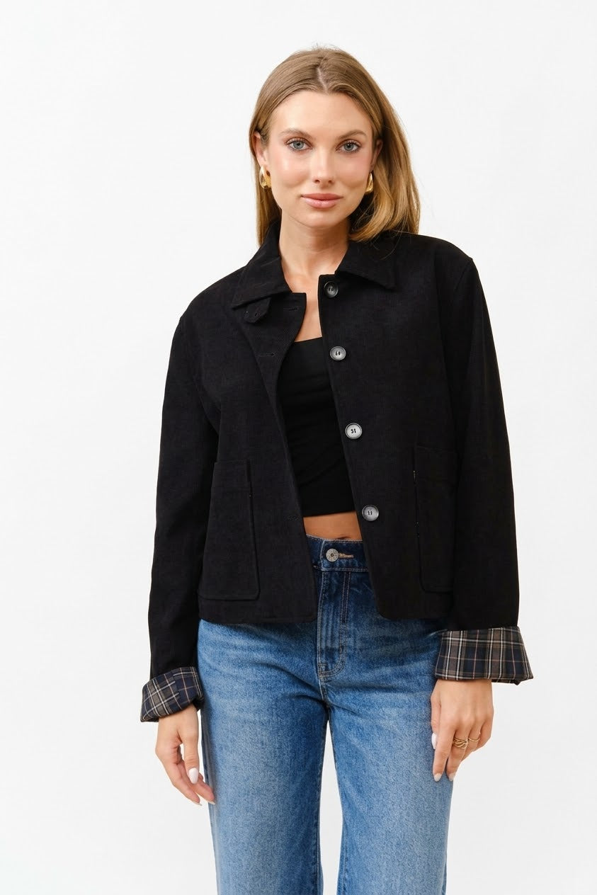Jacket Estructurada de Ante con Detalles de Cuadros